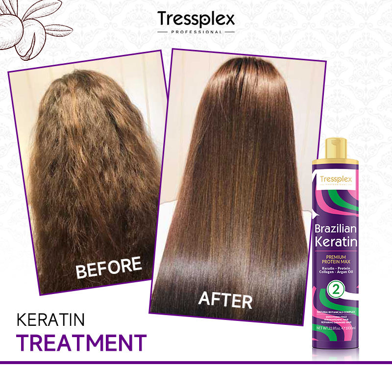 Before and after keratin smoothing result on frizzy damaged hair