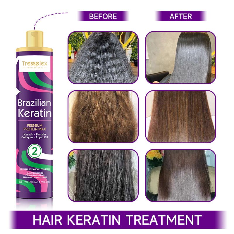 Before and after comparison showing frizzy hair transformed to smooth straight hair after Brazilian keratin treatment