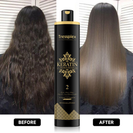 Tratamento de queratina brasileira: antes e depois para alisar cabelos cacheados danificados.