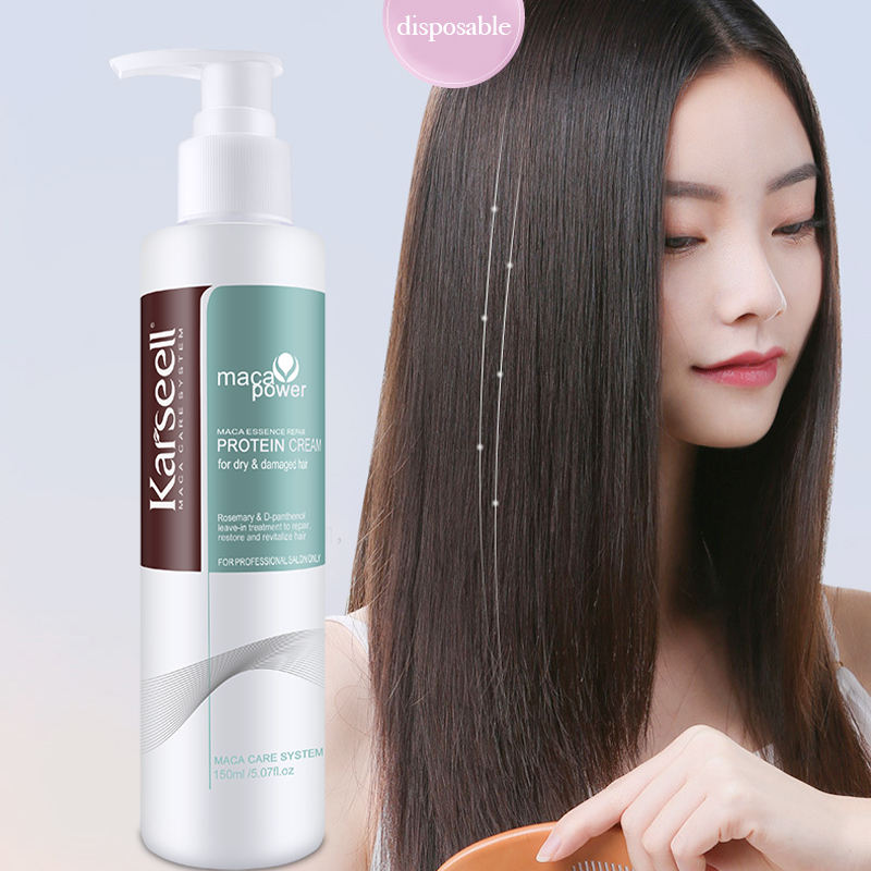 karseell maca power protein cream bottle beside woman with smooth shiny hair