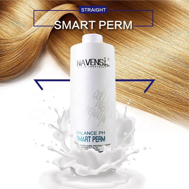 navensi smart perm straightening bottle in white splash against straight hair