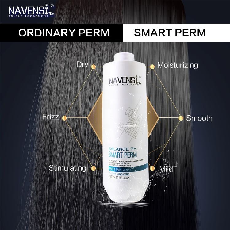navensi smart perm bottle side by side hair comparison showing product benefits