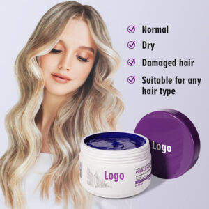 Open purple hair mask tub displaying benefits for dry damaged hair.
