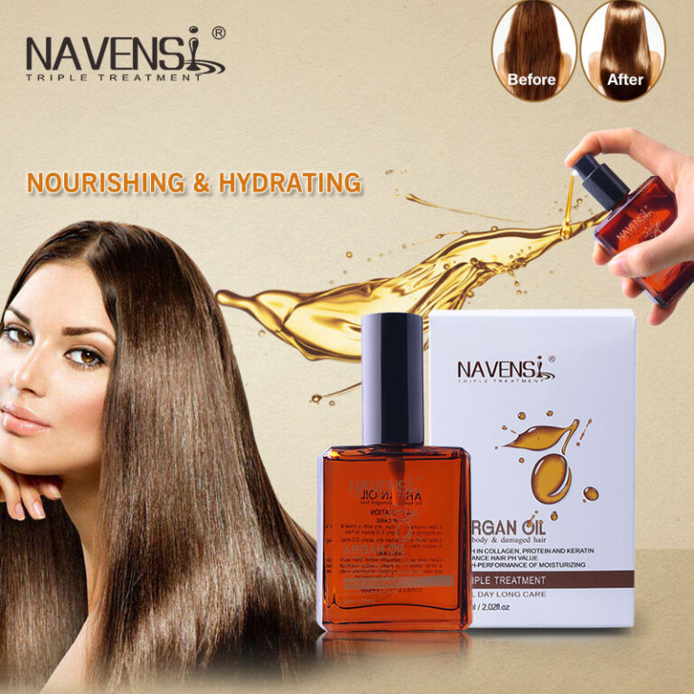 Navensi Argan Oil bottle and packaging displaying nourishing hydrating hair results.