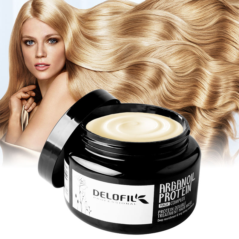 open delofil argan oil protein hair mask jar with blonde hair model
