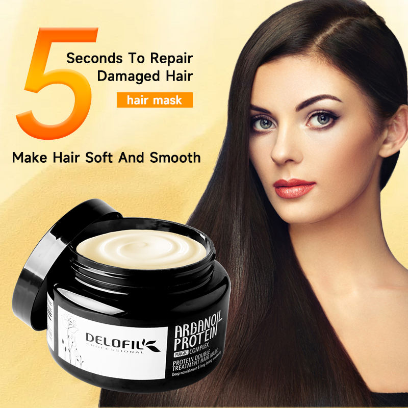 delofil argan oil protein hair mask open jar showing damage repair benefits