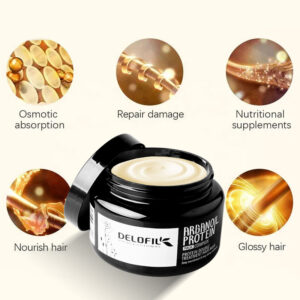 Delofil Argan Oil Protein hair mask open jar displaying treatment benefits.