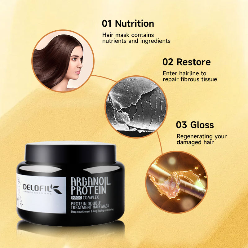delofil argan oil protein hair mask jar detailing hair restoration benefits
