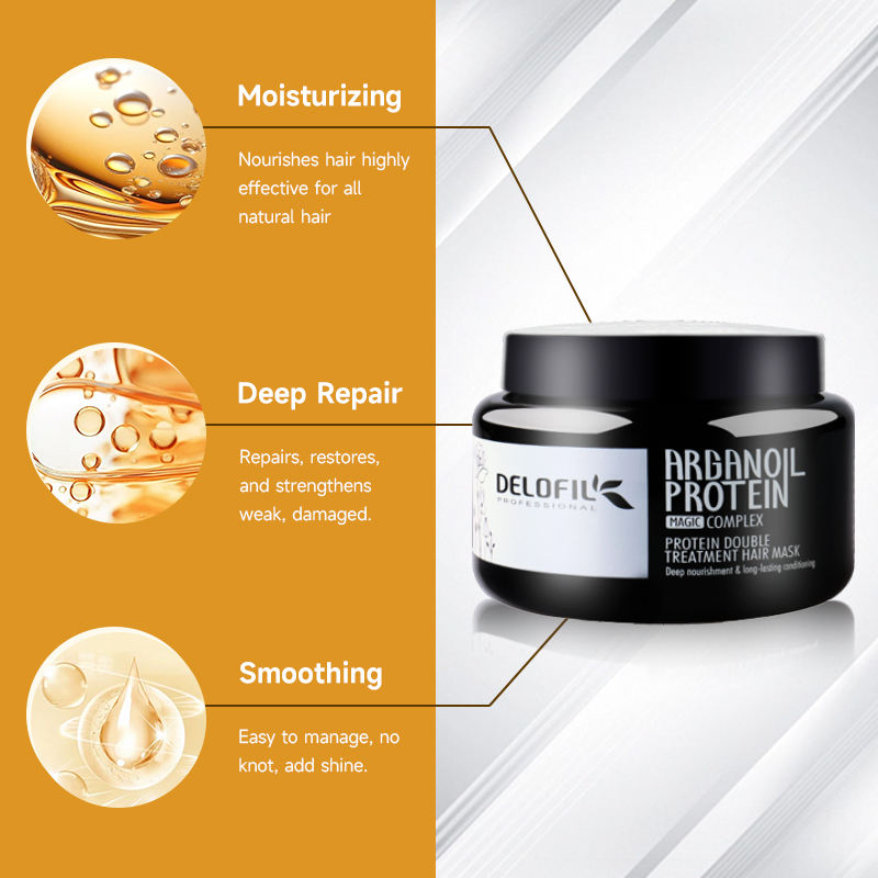 delofil argan oil hair mask jar highlighting moisturizing repair and smoothing benefits