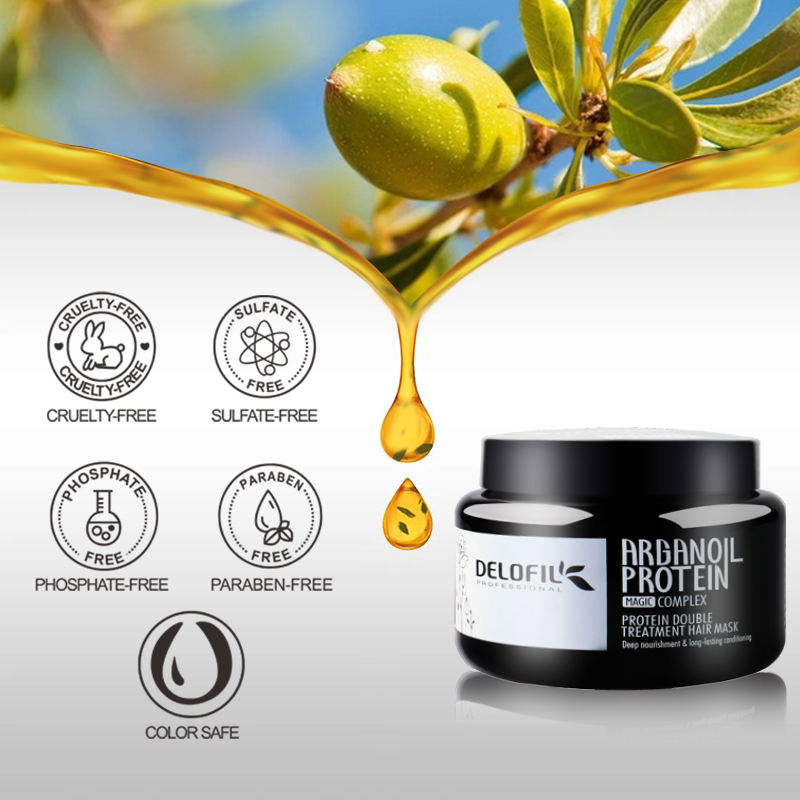 ecolchihairtreatment1601132742640main06 Ecolchi Haircare FactoryEcolchi Hair Mask Manufacturer delofil argan oil hair mask jar with ingredients and benefit icons