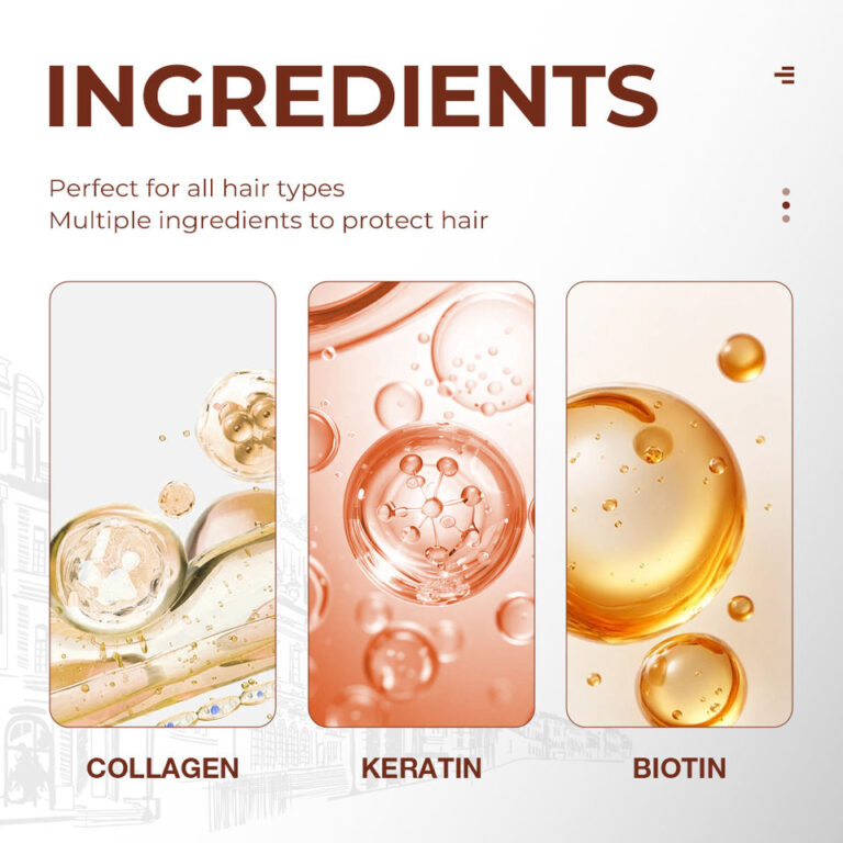 Hair care product ingredients graphic displaying collagen, keratin, and biotin.