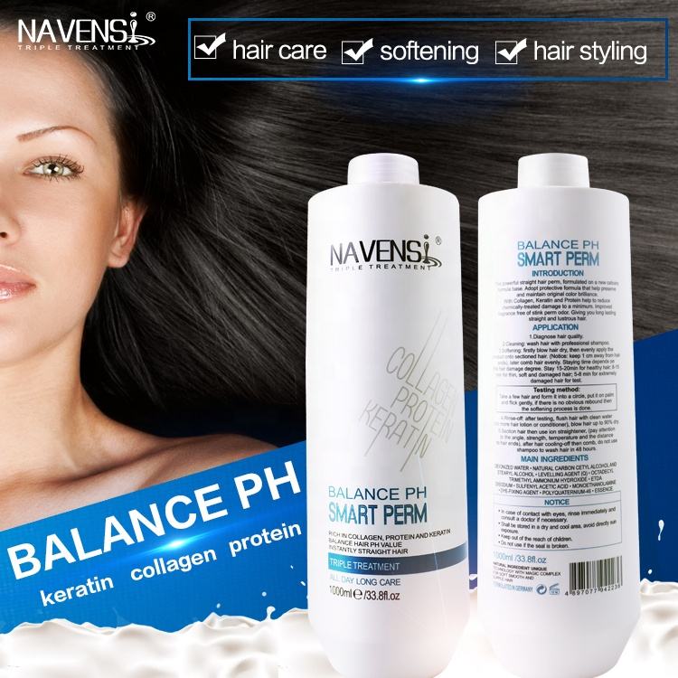 navensi balance ph smart perm bottles highlighting keratin collagen protein benefits
